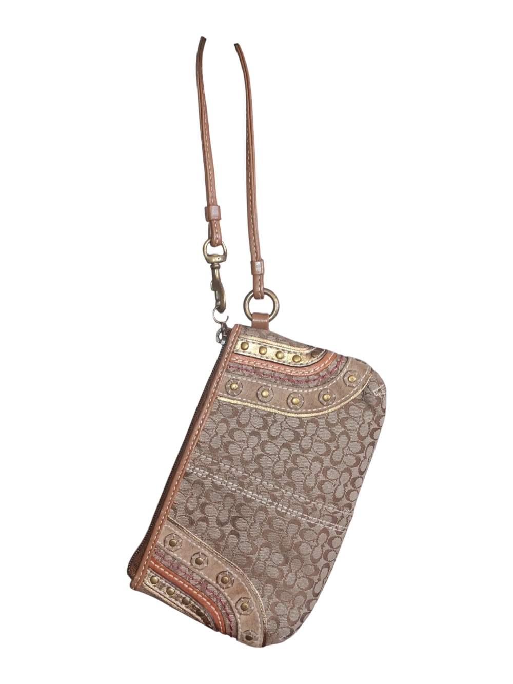 Coach Beige Signature Wristlet with Gold-Tone Stud Accents - Picture 2 of 5